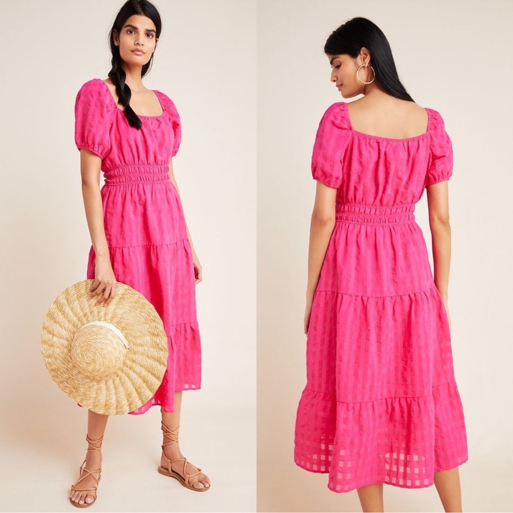 Anthropologie  Francesca Pink Smocked Midi Dress M Puff Sleeve Boho Cottagecore